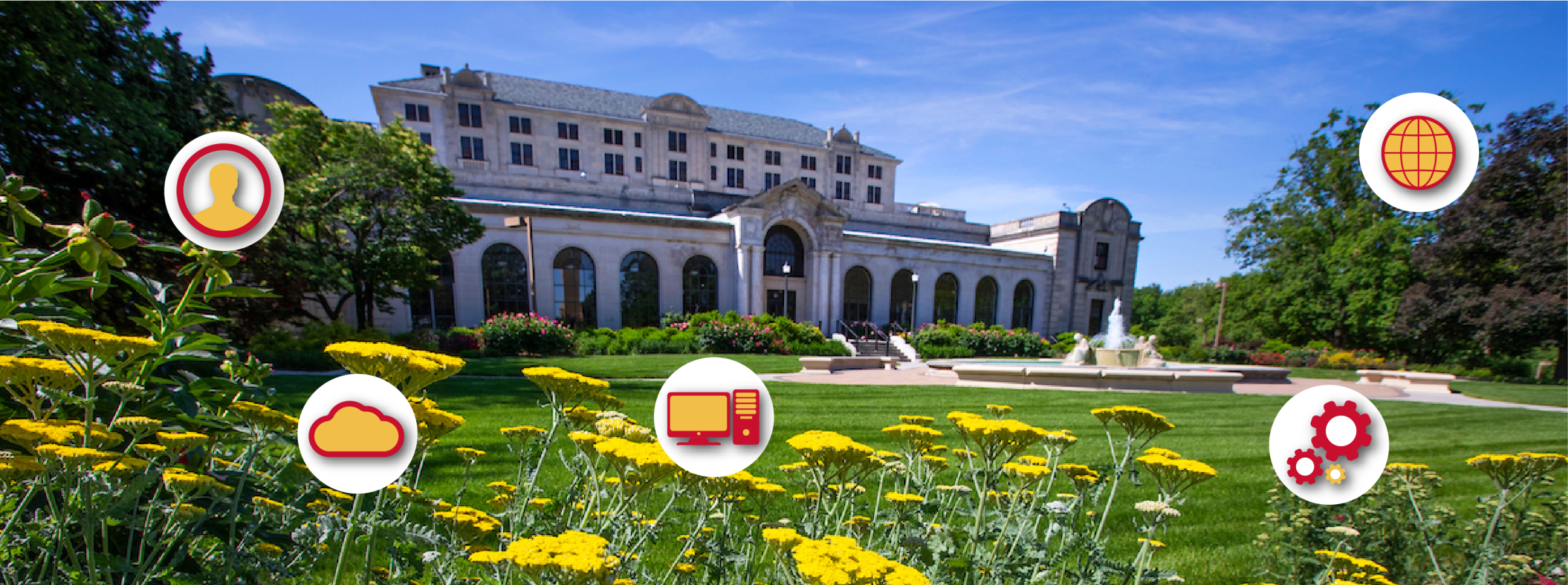 An image of the memorial union with technology graphics overlayed.