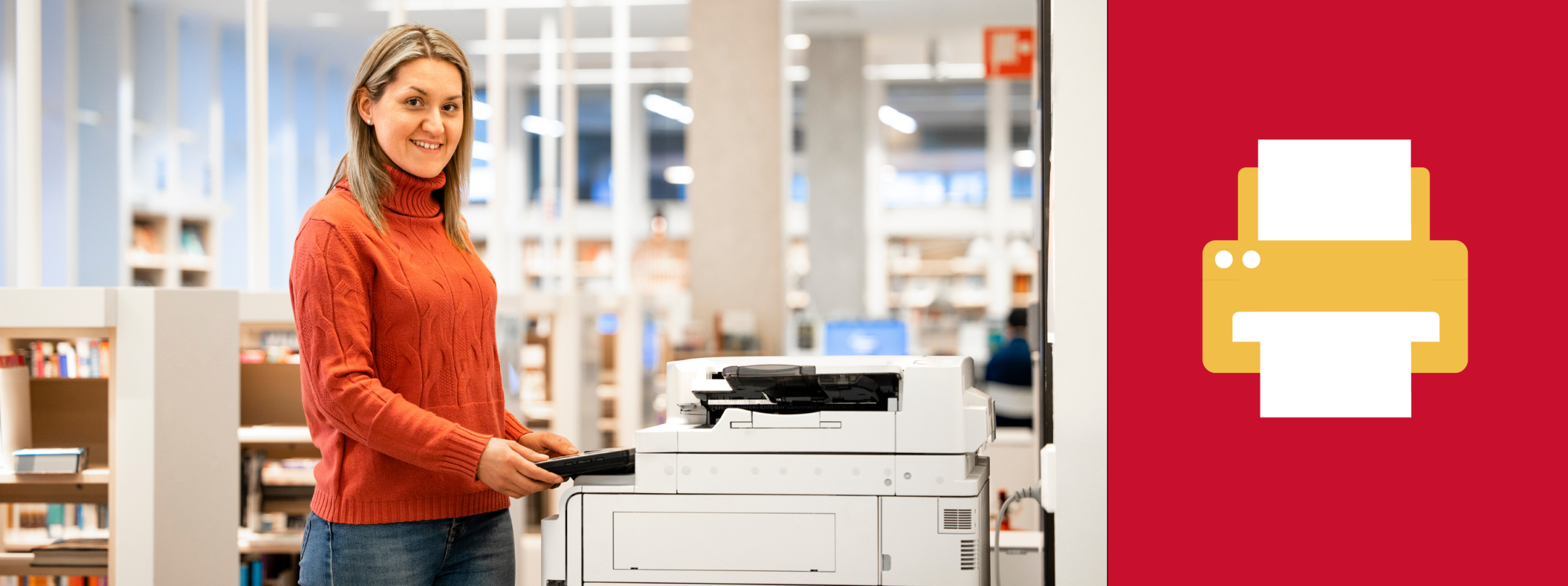 A female student using a printer at the library.